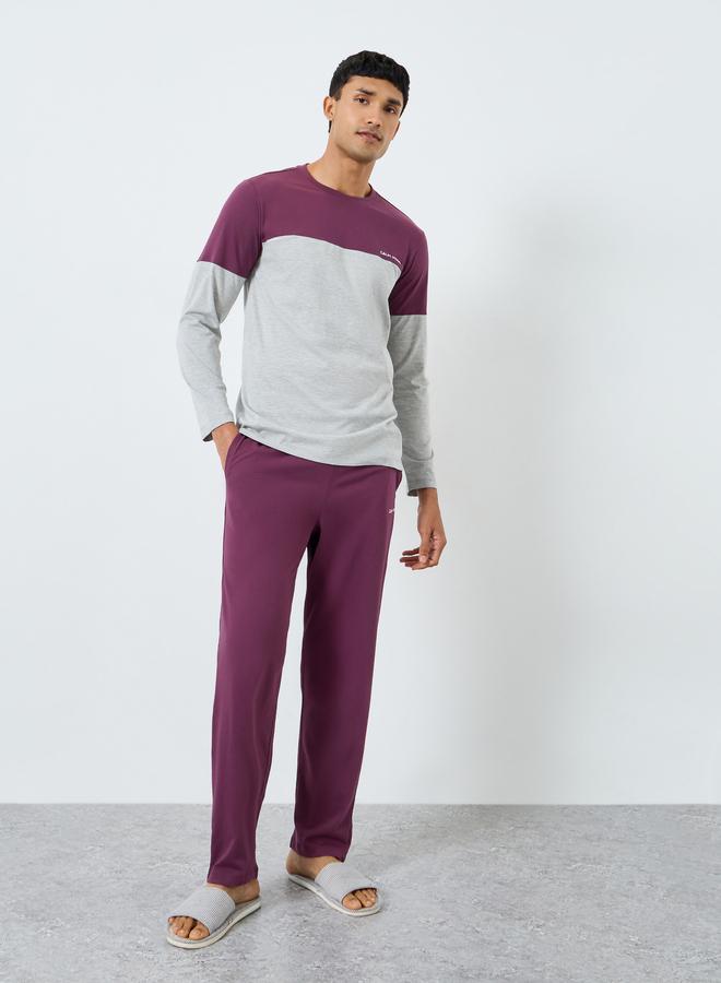 ستايلي طقم بيجاما من تيشيرت بأكمام طويلة بنمط كتل الألوان وبنطال - Image 5